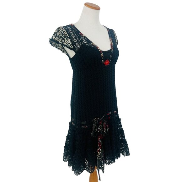Vintage Free People Black Crochet Drop Waist Boho Whimsygoth Mini Dress 90s Y2K - Picture 2 of 16